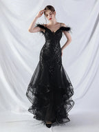 feather sequin strapless tulle maxi dress Avalabel