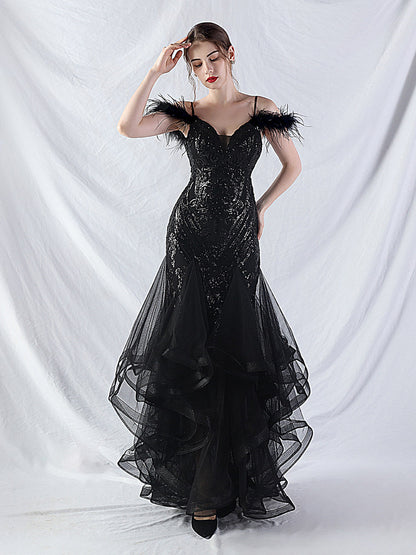 feather sequin strapless tulle maxi dress