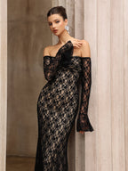 anna One-shoulder lace long sleeves maxi dress in black Avalabel