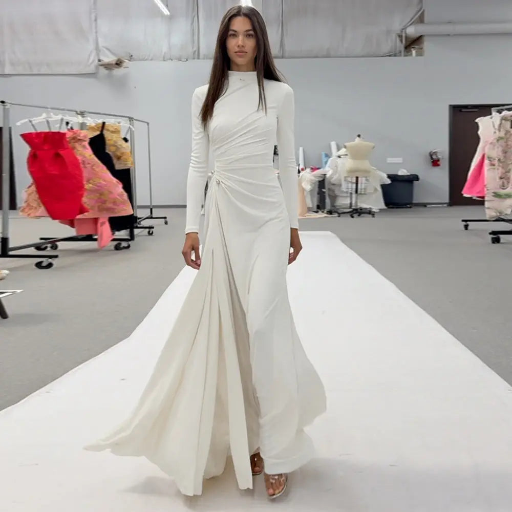 rita Metallic Double Ball Long-Sleeve High-Slit maxi Dress in white Avalabel