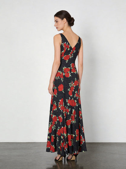 Black Red Rose Print Slip Mermaid Dress
