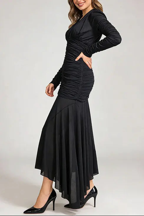 josephine v-neck ruched long-sleeve maxi dress in black Avalabel