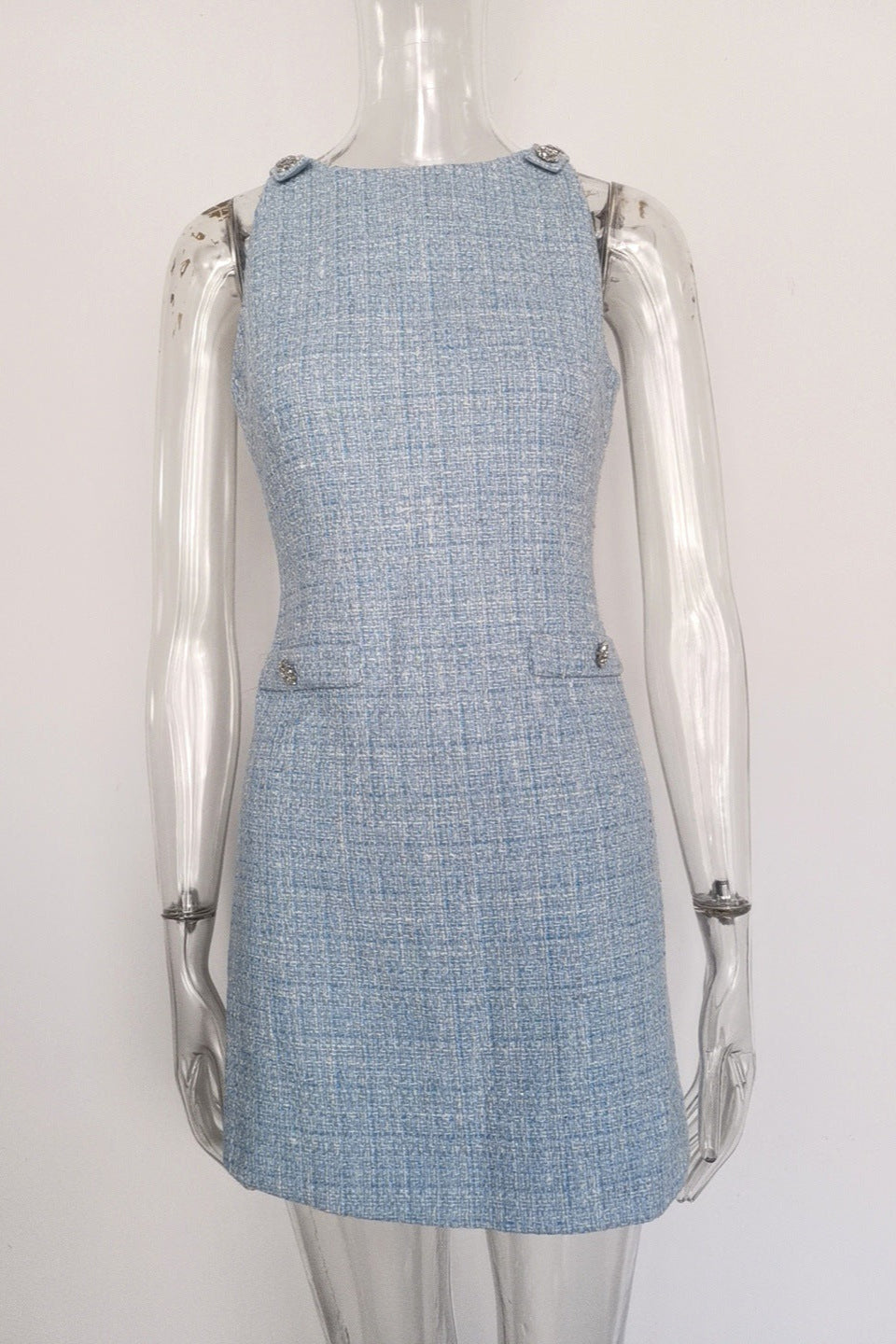 Halter Neck Tweed Vest Mini Dress in Blue Avalabel