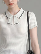 Striped Collar Bow Tie Ribbed Knit Short Sleeve Top poava