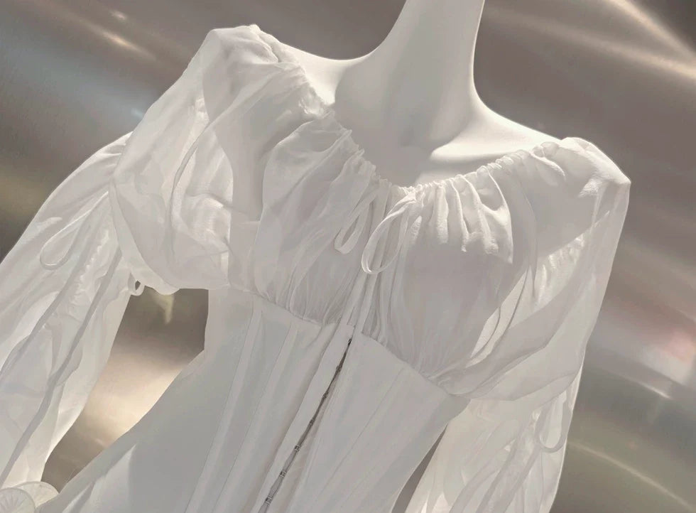 Off Shoulder Sheer Sleeve Corset Ruffle High Low Mini Dress poava
