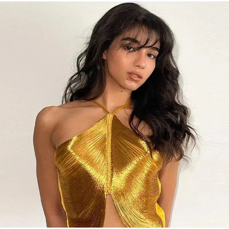 off shoulder camisole vest irregular fringed halterneck top Avalabel