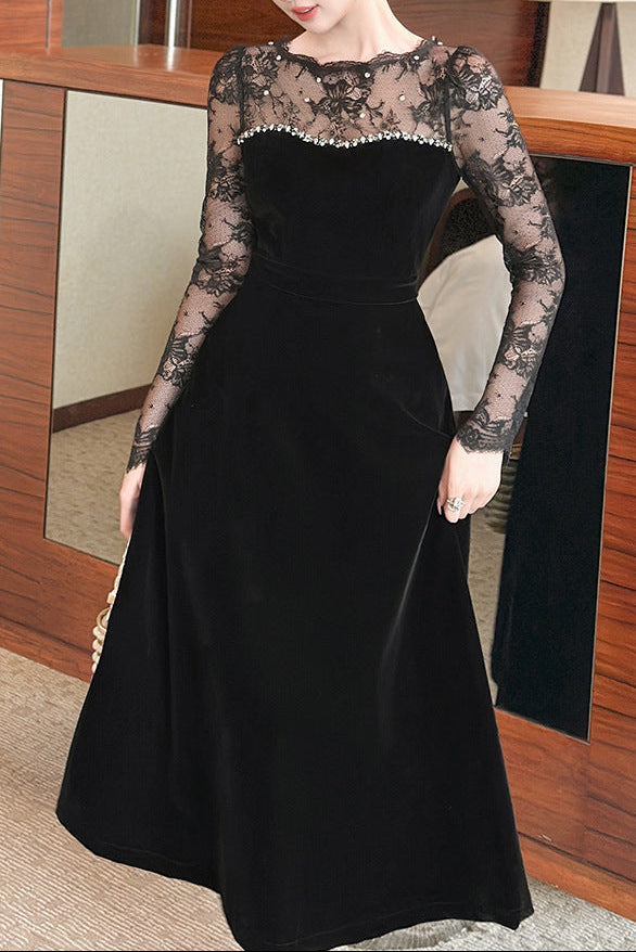 Tiffany Lace Hollow Sleeve Rhinestone Velvet Maxi Dress in Black