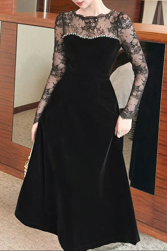 Tiffany Lace Hollow Sleeve Rhinestone Velvet Maxi Dress in Black Avalabel