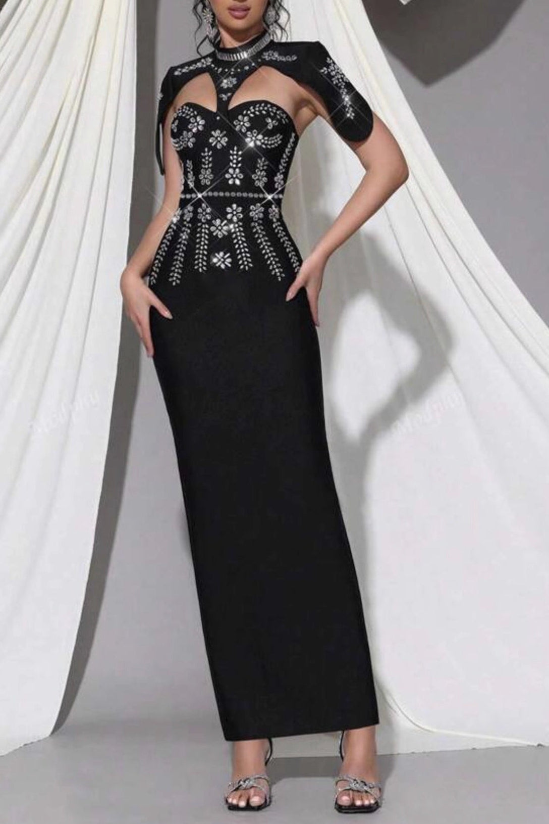 sibyl black Shawl-embellished diamond bandage maxi dress Avalabel