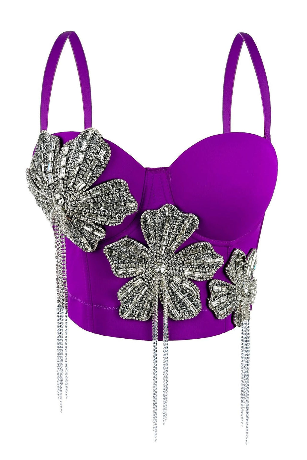Spaghetti Strap 3D Rhinestone Flower Tassel Fringe Corset Bustier Top sis label
