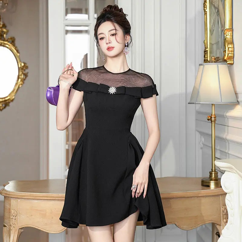Molly Black Tulle Off-Shoulder A-Line Mini Dress Avalabel