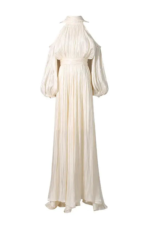 ashley apricot off shoulder pleated puff sleeve maxi dress Avalabel
