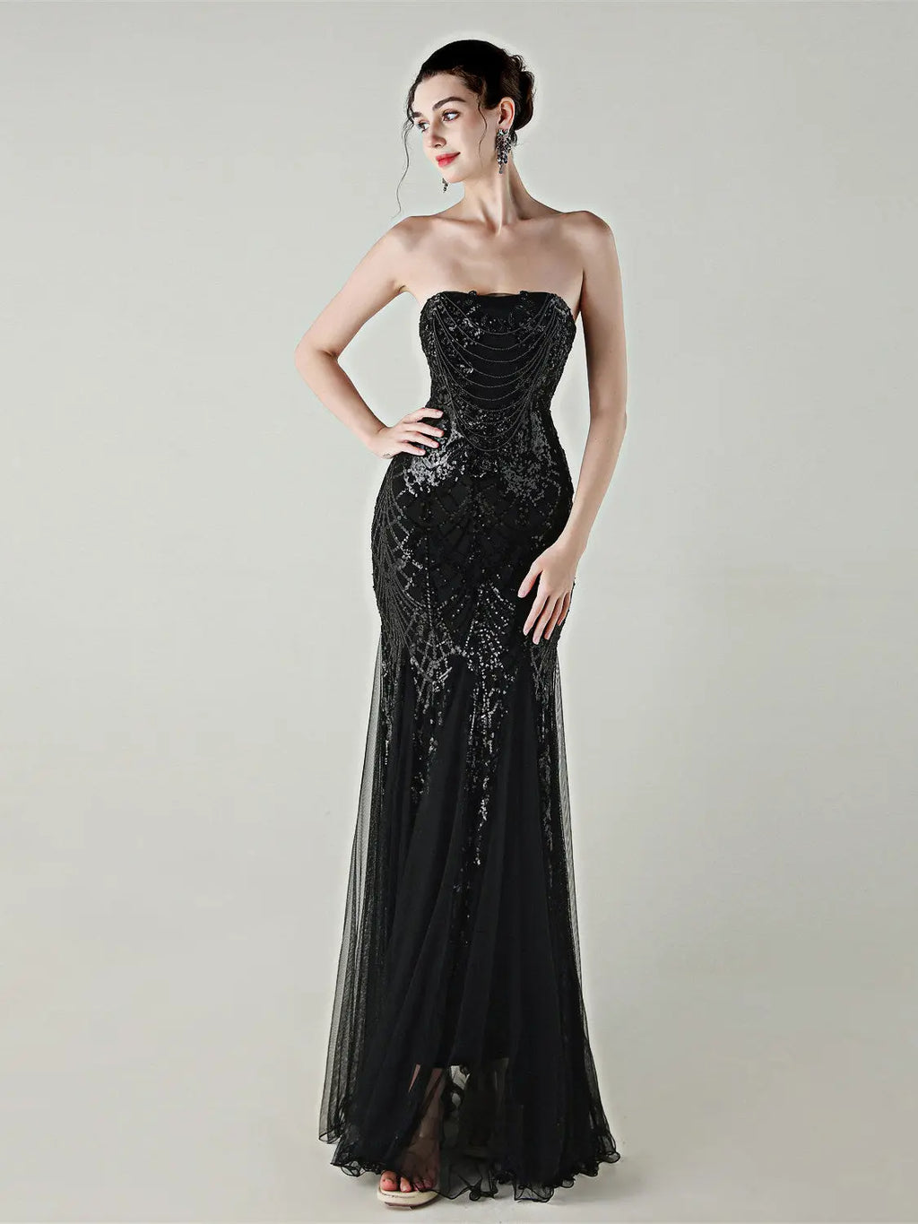 sequin strapless tulle maxi dress Avalabel