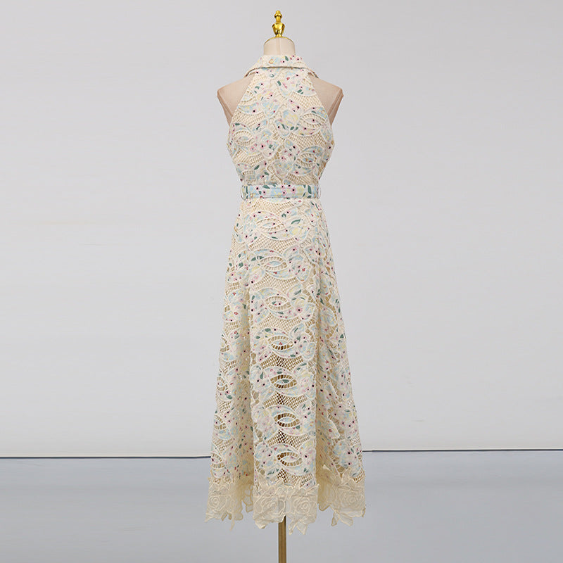 Chloe Sleeveless Hollow Lace Maxi Dress in Beige Avalabel