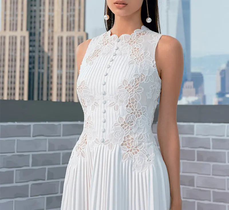 nancy lace embroidery pleated midi dress in white Avalabel