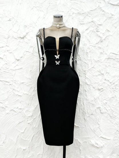 myra Deep V-neck butterfly rhinestone midi dress in black