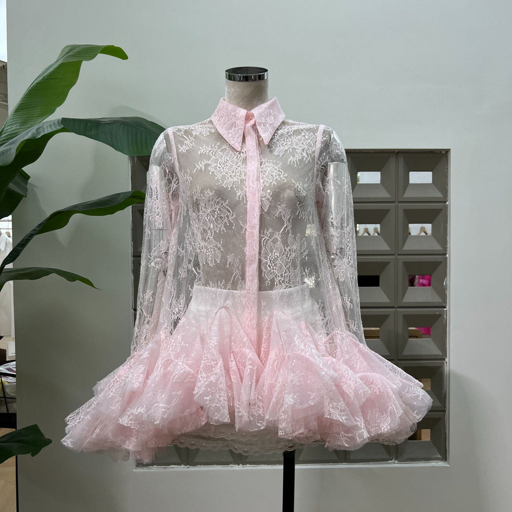 Pink Mesh Lace Ruffled Trumpet Sleeve Shirt Dress Shorts Set Soraya