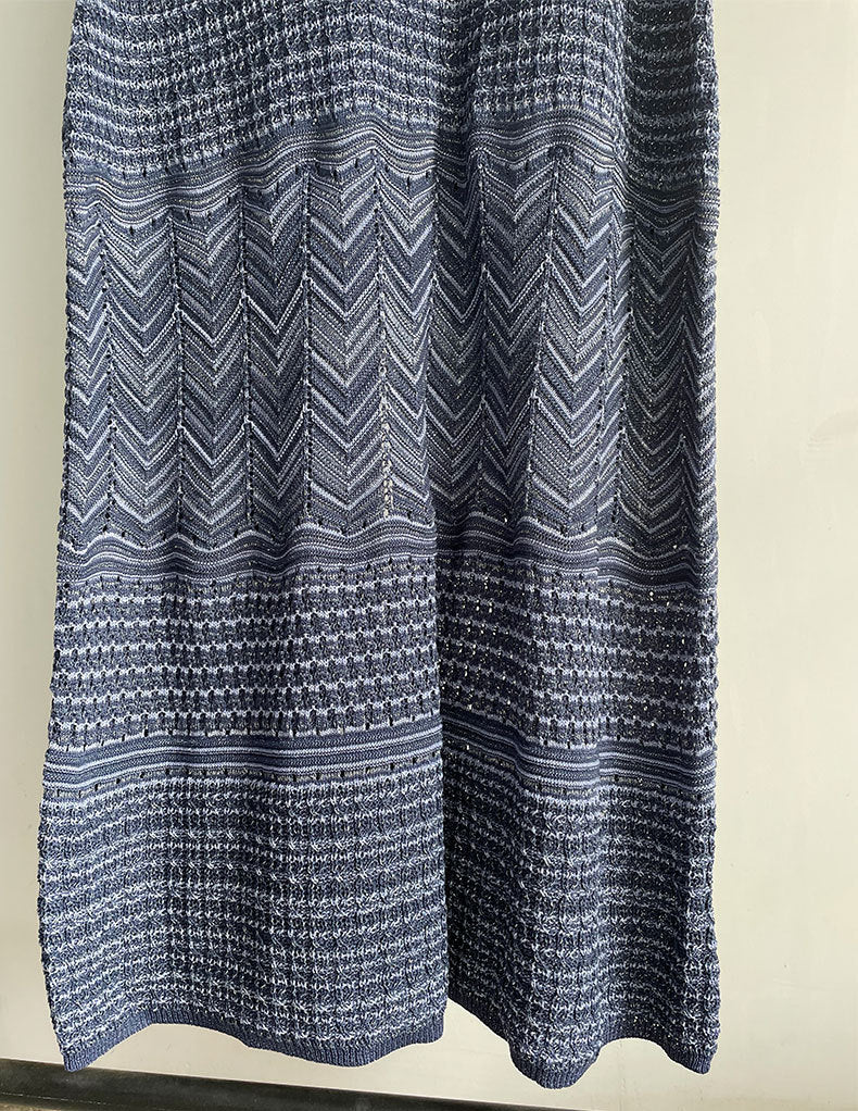 Hollow Striped Sleeveless Knit Midi Dress in Royal Blue Avalabel