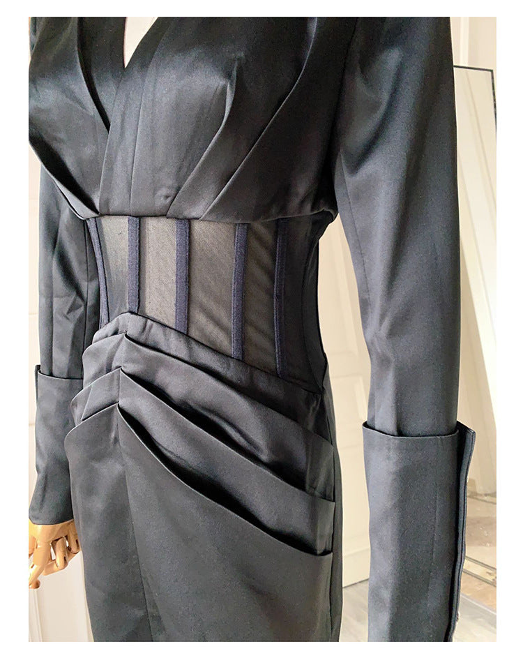 alyssa Deep V See-Through Fishbone Pleated Hip blazer mini dress in black Avalabel