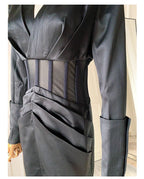 alyssa Deep V See-Through Fishbone Pleated Hip blazer mini dress in black Avalabel