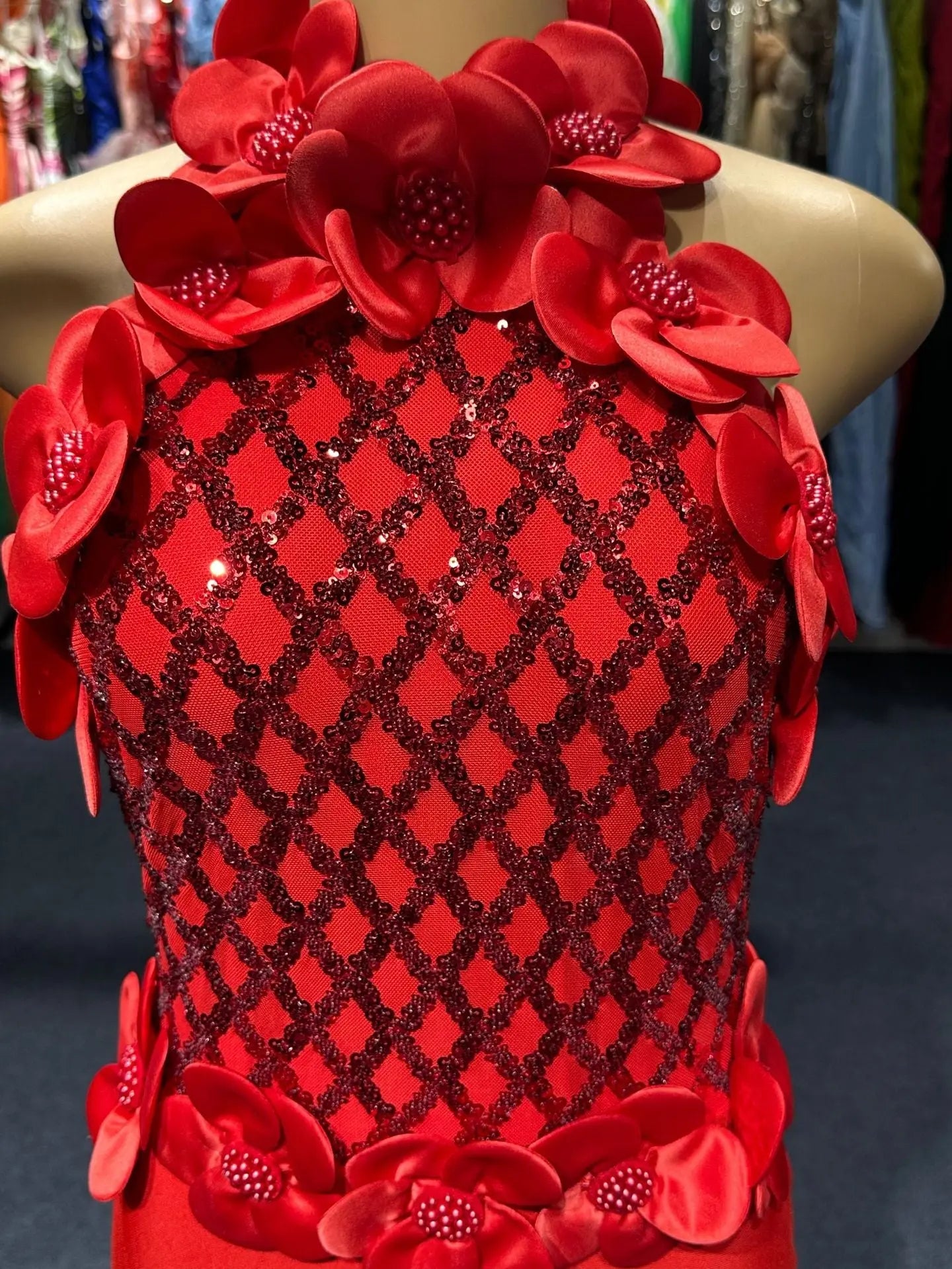 Phoenix 3D Flower Sequin Halter Bandage Maxi Dress in Red Avalabel