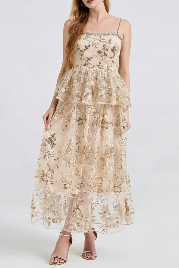 Ashley Gold Rhinestone Sequin Embroidery Layer Maxi Dress Avalabel