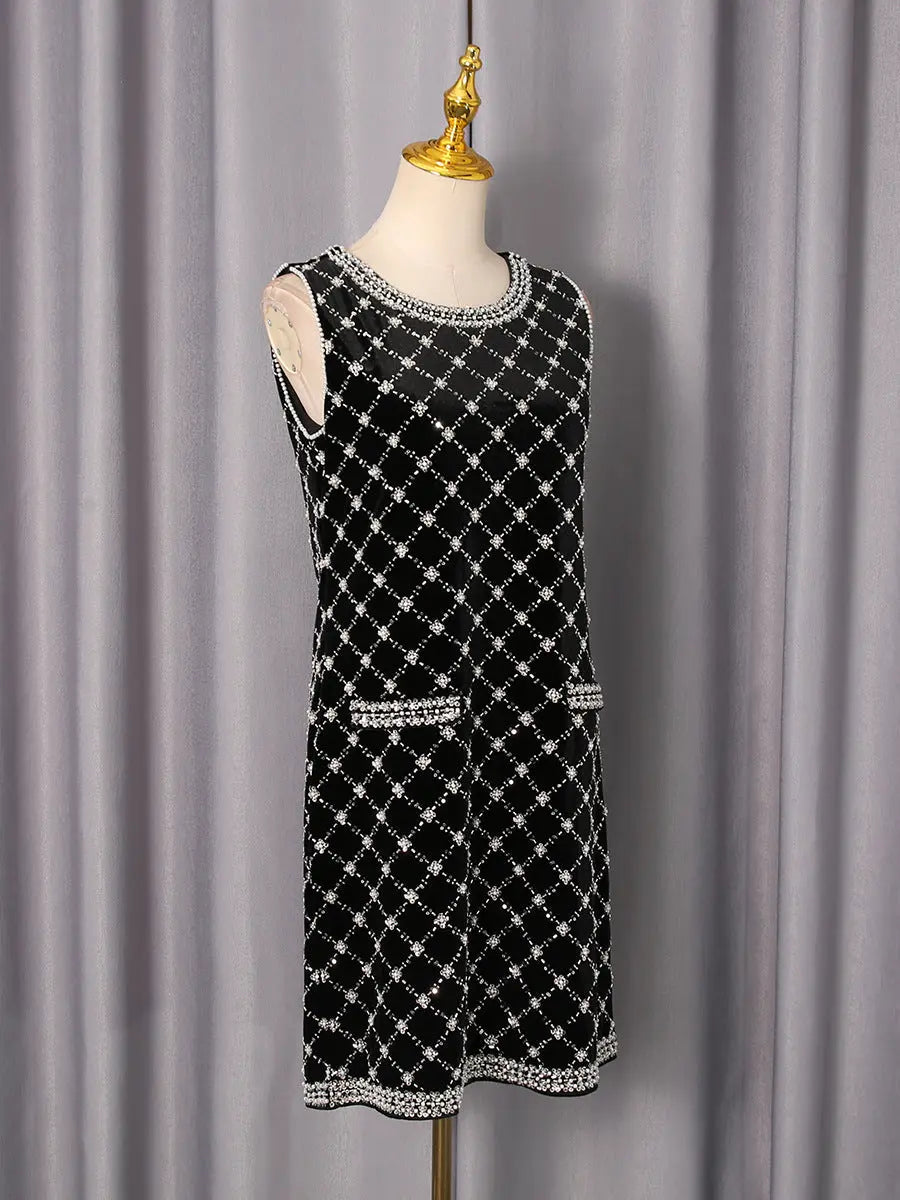 amanda Black-white plaid diamond sleeveless mini dress Avalabel