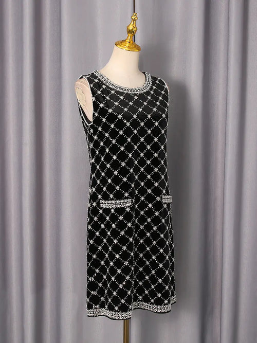amanda Black-white plaid diamond sleeveless mini dress Avalabel