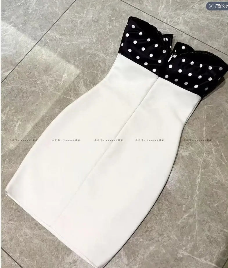 michaelia white Contour Sleeveless Polka Dot Contrast bow Bandage Mini Dress Avalabel