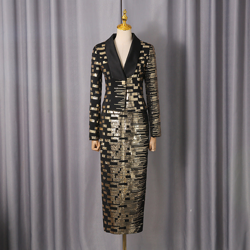high-waisted skirt Gold sequin print blazer suit in black Avalabel