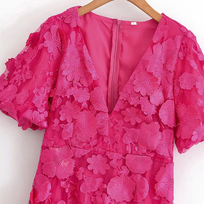 modesty Puff sleeve V-neck embroidery midi dress in rose red