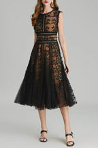 Phoenix 3D Embroidered Lace Mesh Midi Dress in Black Avalabel