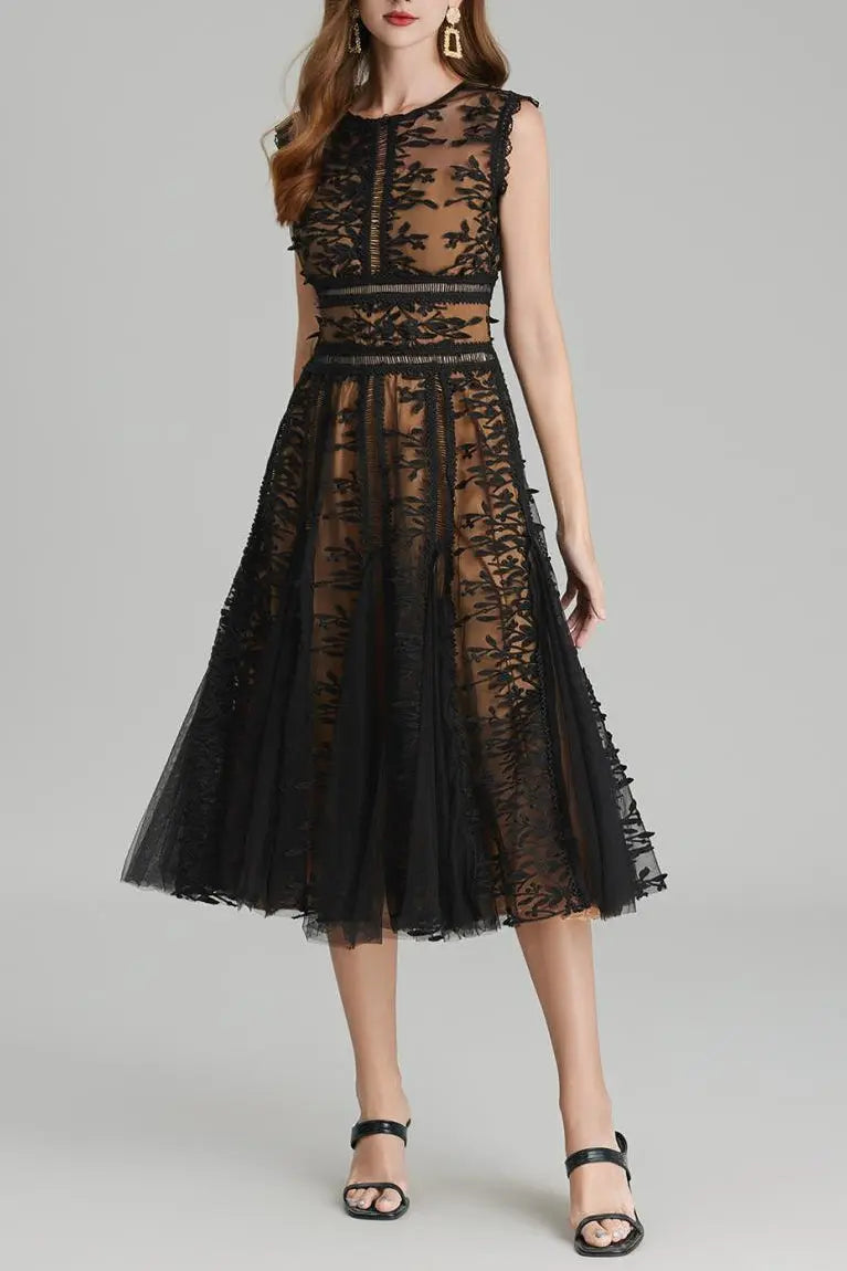 Phoenix 3D Embroidered Lace Mesh Midi Dress in Black Avalabel