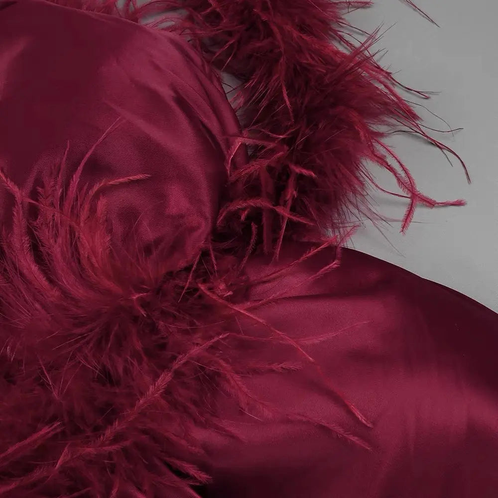 burgundy feather embellished strapless mini dress Avalabel