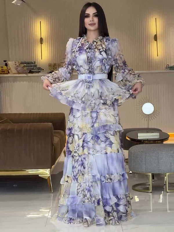 Alyssa Purple Floral Print Ruffle Maxi Dress With Belt Avalabel
