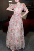 jodie v neck multicolor ruffle trim tulle maxi dress Avalabel