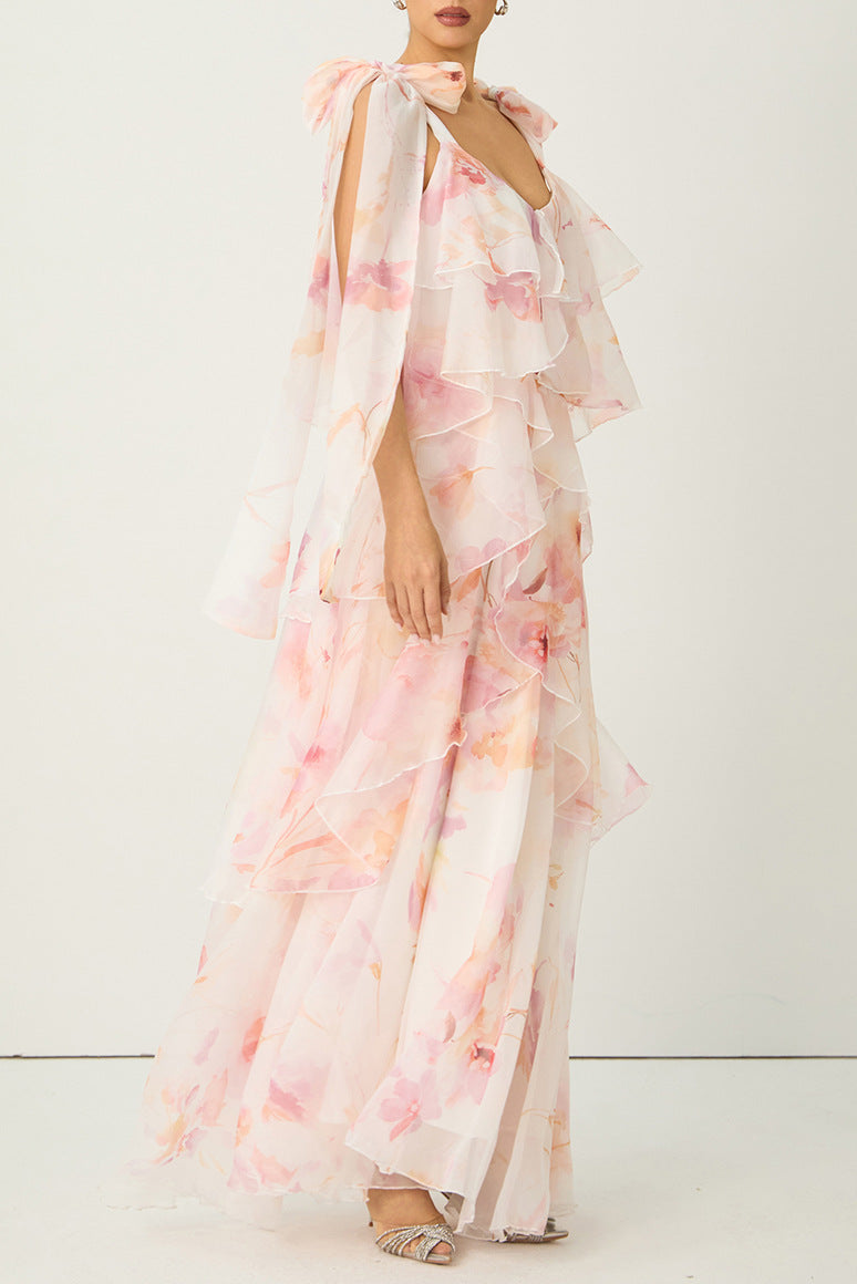 Beverly V-Neck Spaghetti Strap Chiffon Maxi Dress - Pink Avalabel