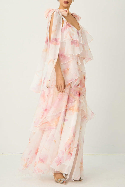 Beverly V-Neck Spaghetti Strap Chiffon Maxi Dress - Pink Avalabel