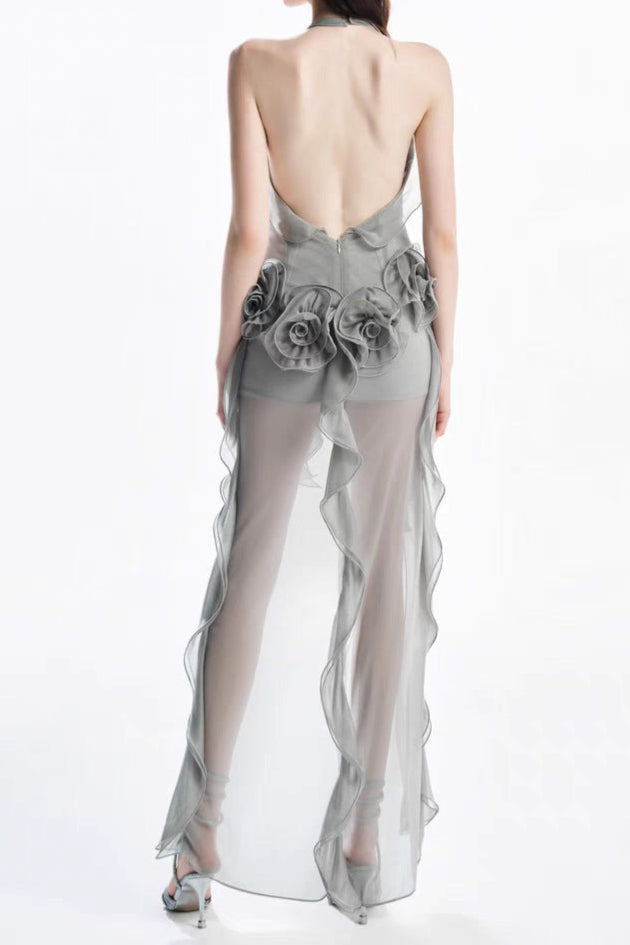 Melissa Grey Flower Asymmetric Folds Streame Mini Dress Avalabel