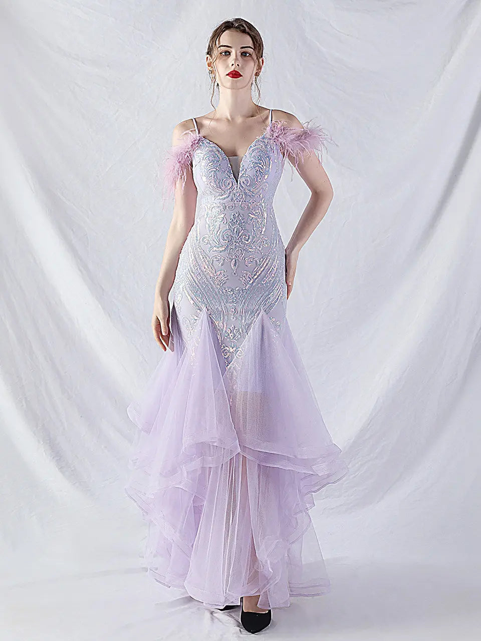 feather sequin strapless tulle maxi dress Avalabel