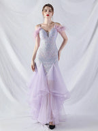 feather sequin strapless tulle maxi dress Avalabel