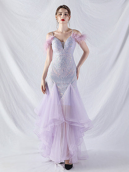 feather sequin strapless tulle maxi dress