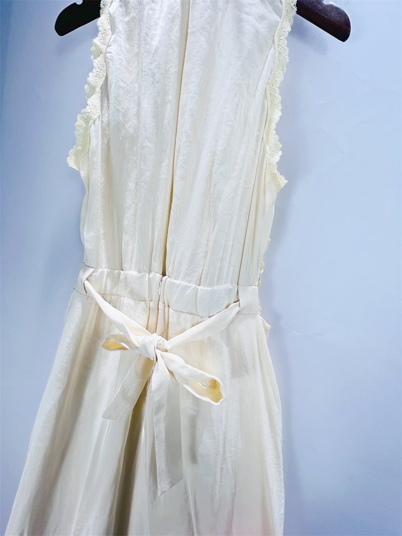 Sleeveless Lace Detail Maxi Dress in Light Yellow Avalabel