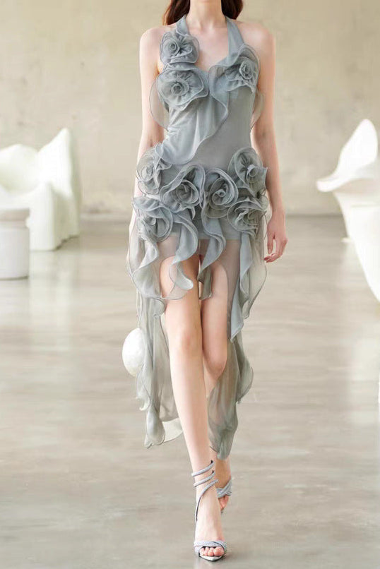 Melissa Grey Flower Asymmetric Folds Streame Mini Dress Avalabel