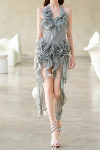 Melissa Grey Flower Asymmetric Folds Streame Mini Dress