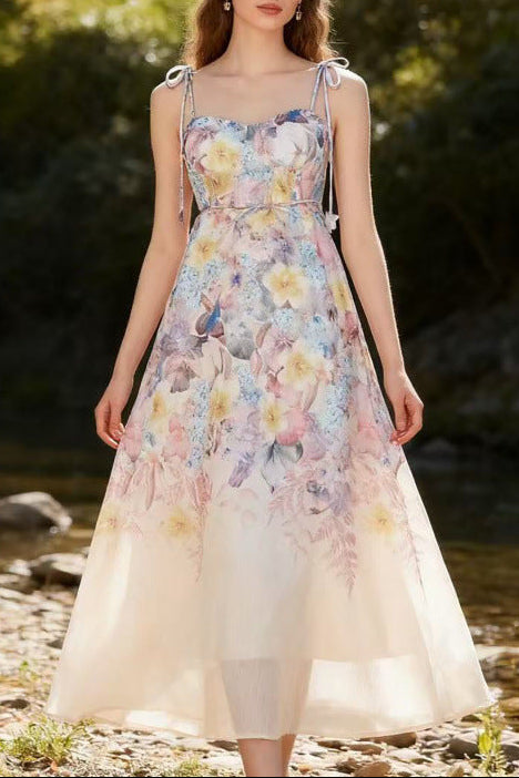 Pastel Floral Print Spaghetti Strap Midi Dress with 3D Flower Appliqués Avalabel
