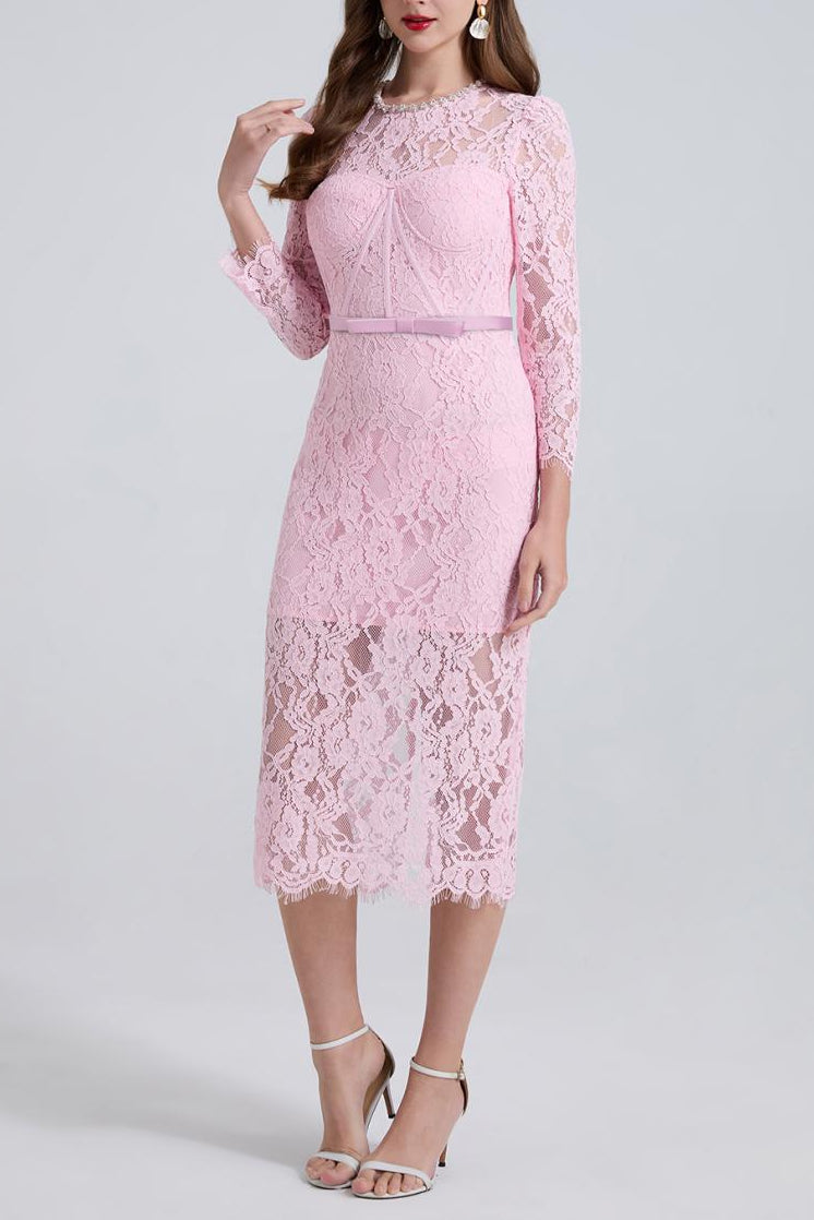 Bernice Rhinestone Fishbone Lace Midi Dress in Pink Avalabel