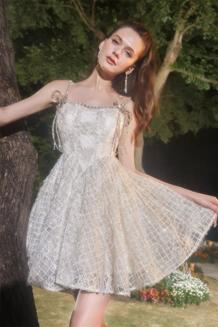 beige Square Collar Sleeveless lace cocktail Dress Avalabel