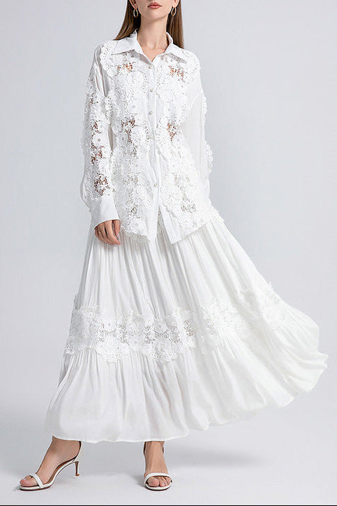 Alexandra Splicing Flapped Lace Hollow Midi Dress in White Avalabel