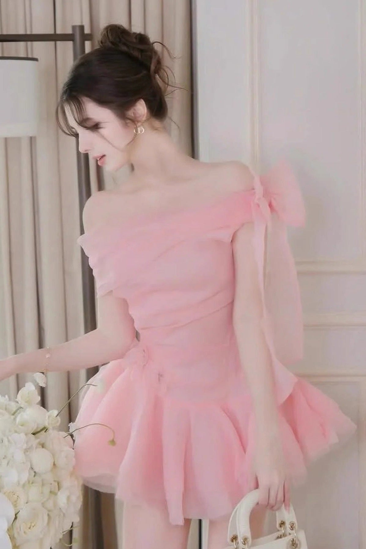 Ellen Off-Shoulder Mesh Tulle Tutu Mini Dress in Pink Avalabel